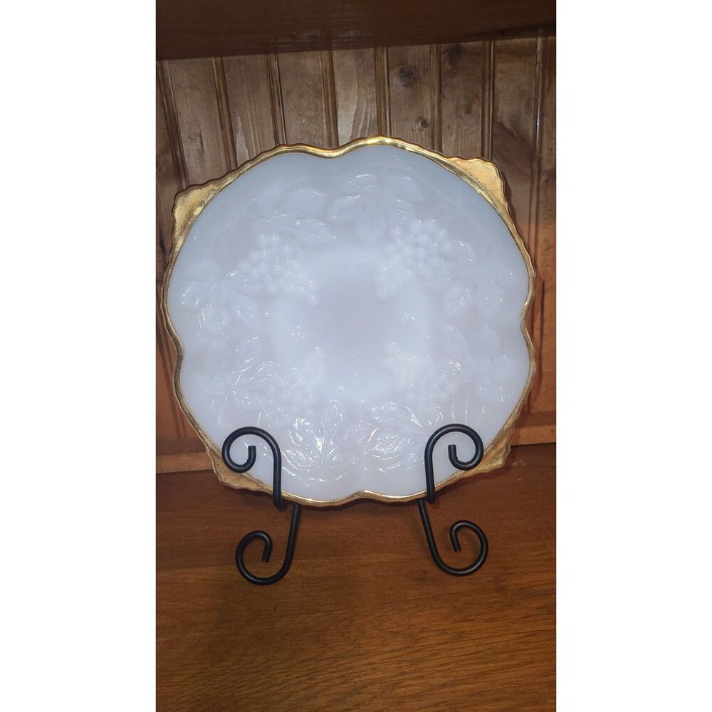 Vintage Milk Glass Paneled Grape Bowl - Scalloped Gold Rim 1950s Decor